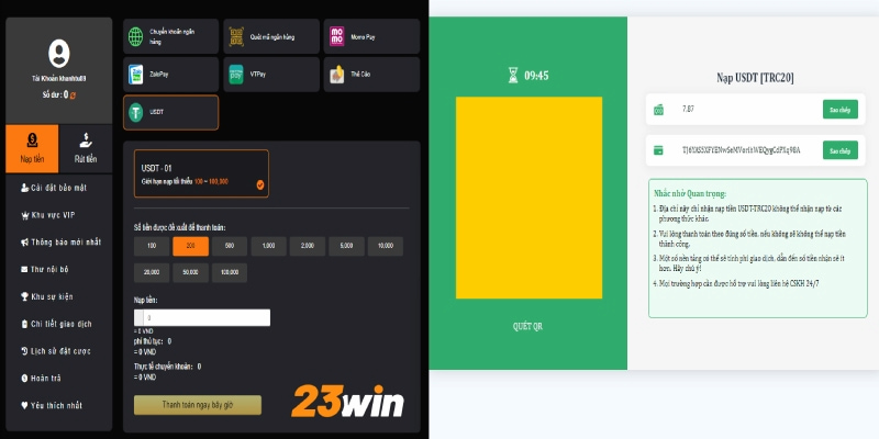 Nạp tiền vào tài khoản 23Win bằng tiền ảo USTD