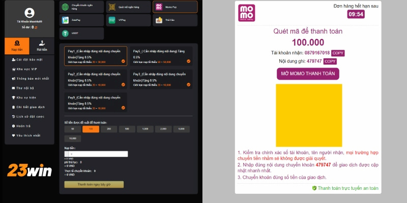 Gửi tiền 23Win nhanh chóng bằng ví điện tử